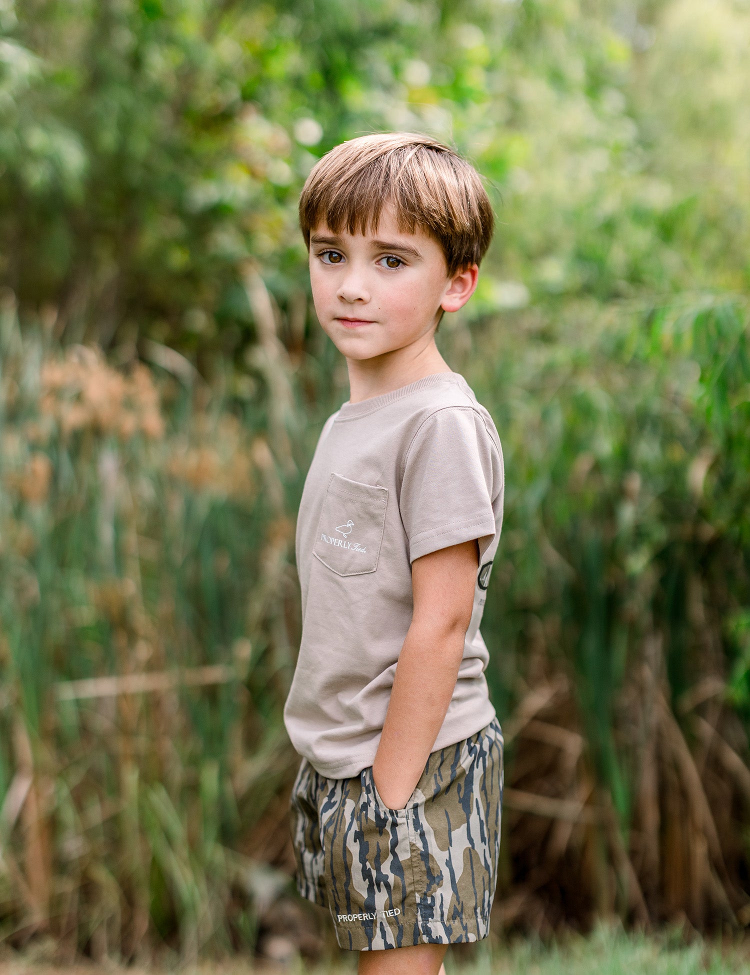 Boys Mossy Oak Camo Logo SS Sand